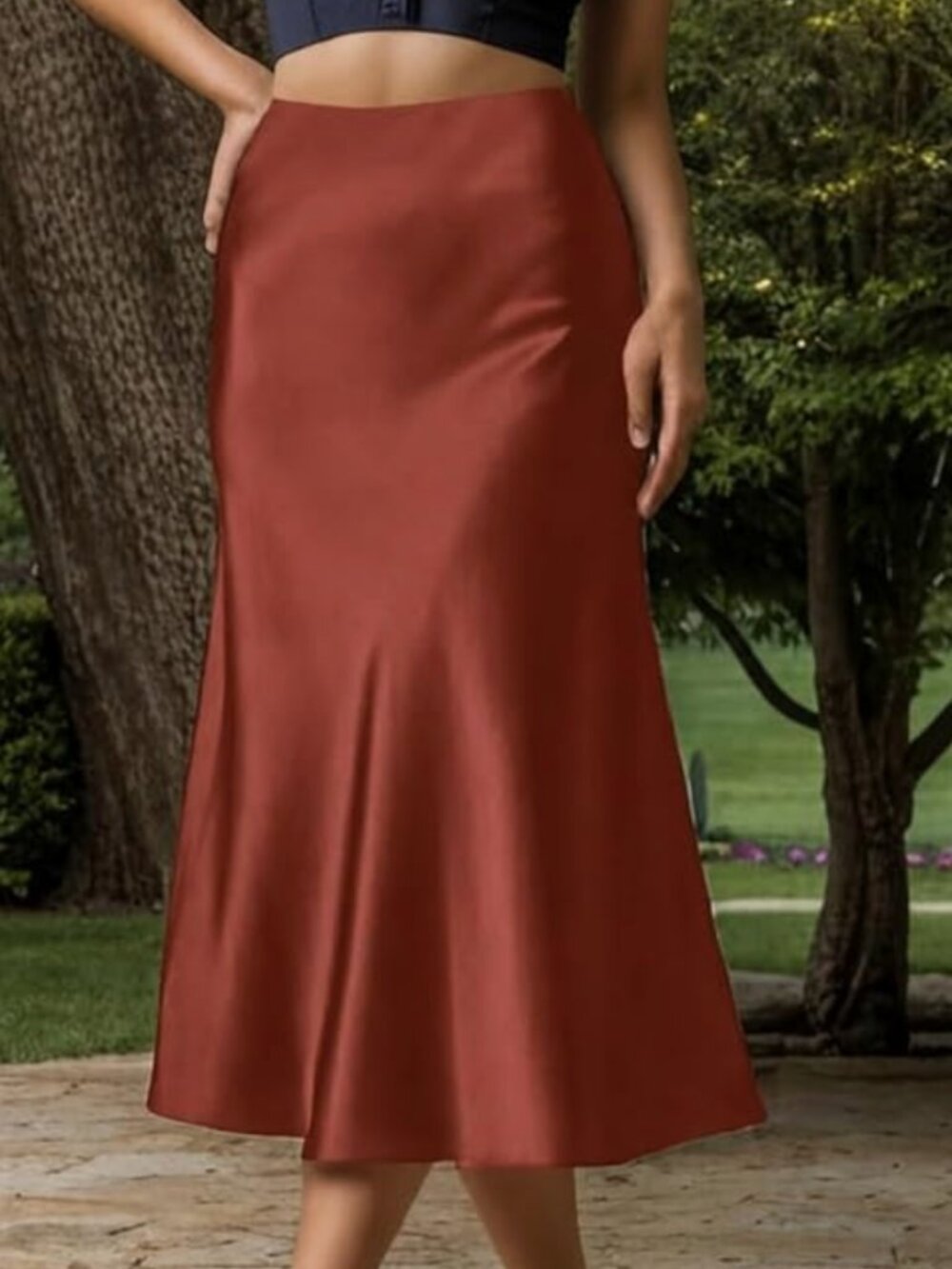 Women's Satin Midi Skirt A Line Silk Long Skirt Medium, Ginger Color